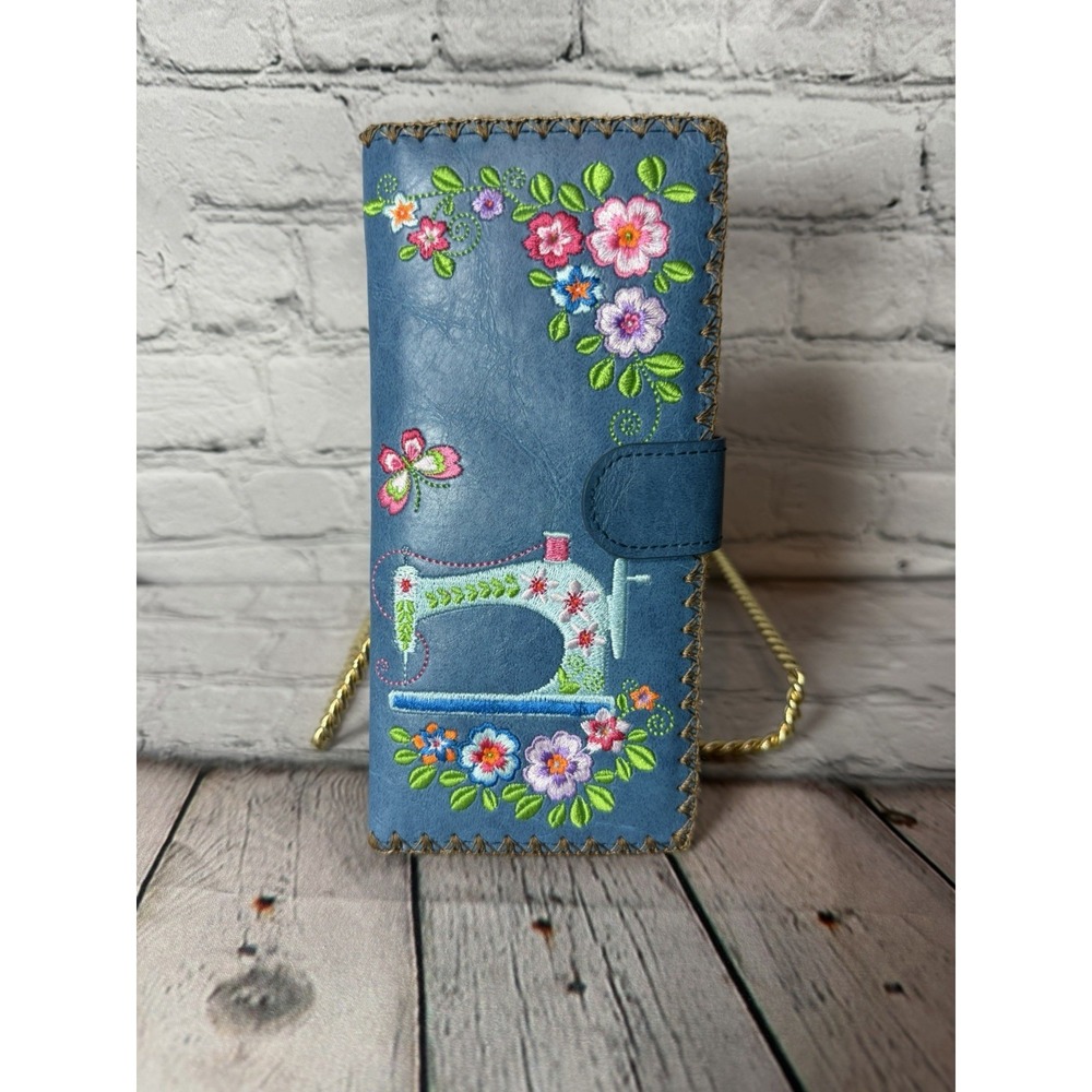 Lavishy Blue Faux Leather Sewing Machine Floral Embroidered Flat Folding Wallet